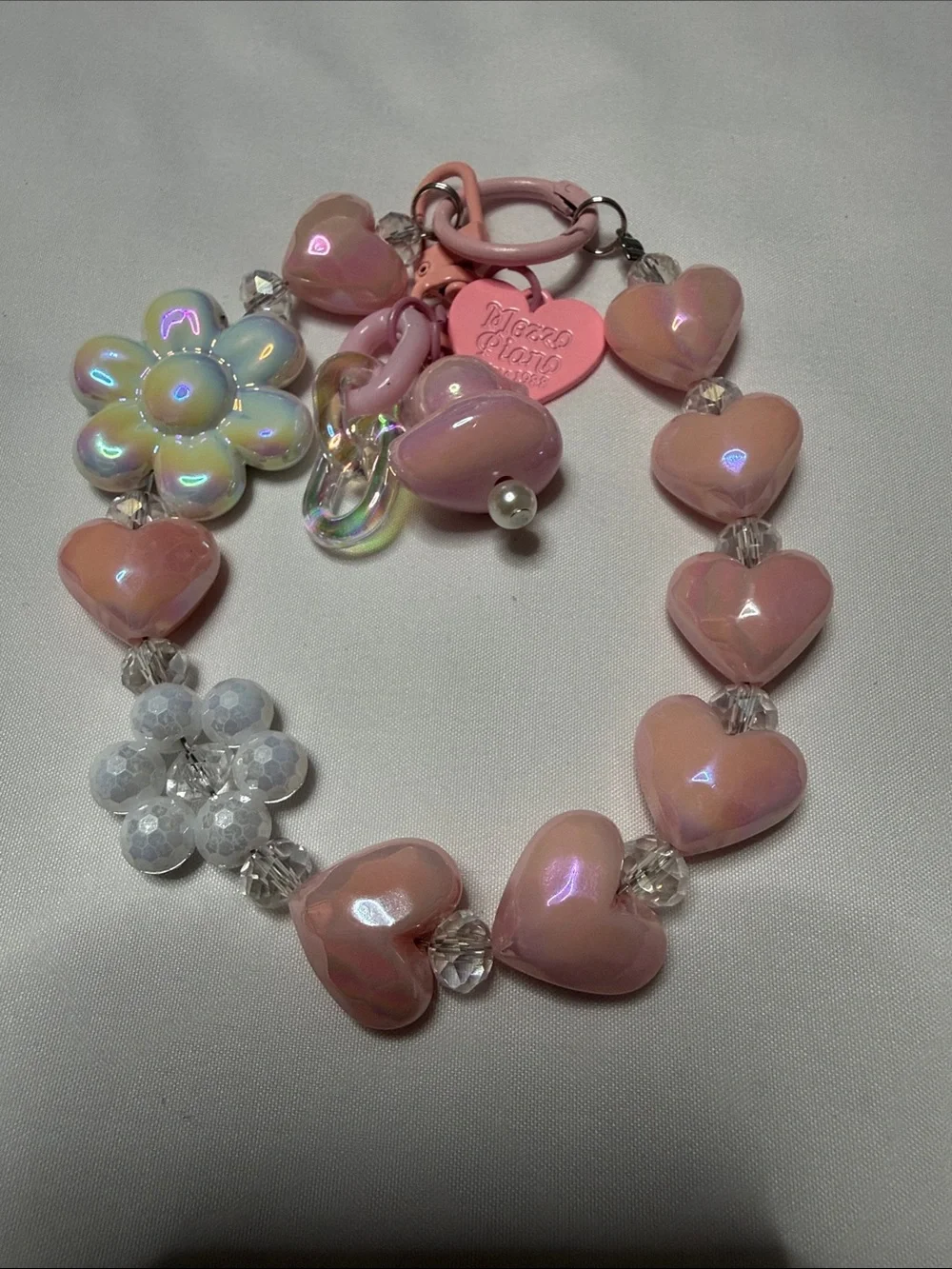 Pink Iridescent Heart & Flower Keychain Card Holder Charm